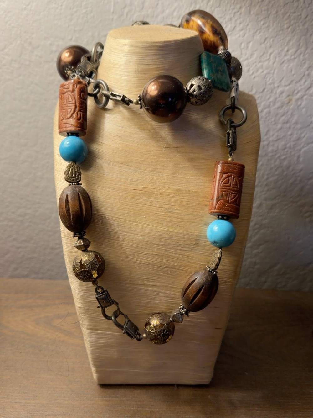 Bohemian Turquoise & Wood Bead Statement Necklace